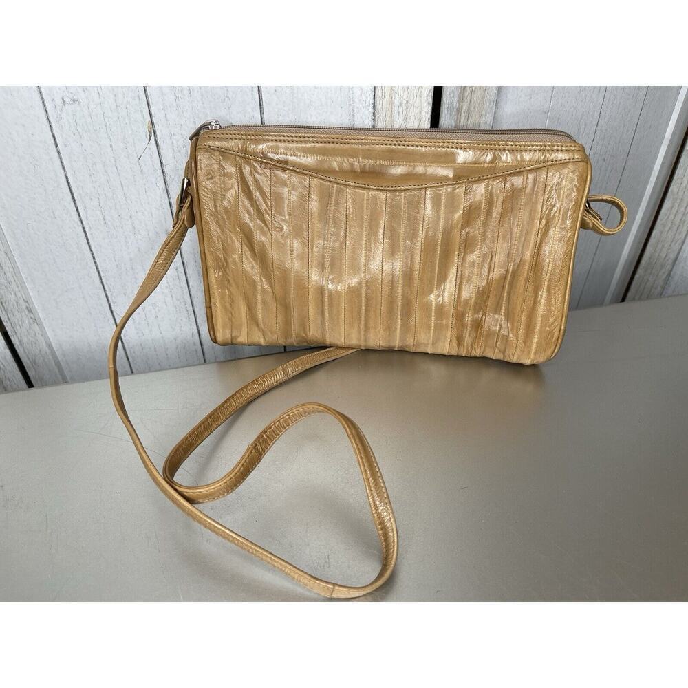 Vintage Shoulder Bag Clutch Genuine Eel Skin Leather Tan Soft Top Zip